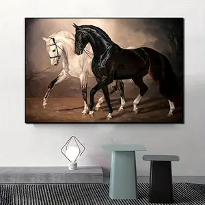 1 Elegant Black and White Horse Oil Painting Canvas - Vintage Style, Matte Surface, Removable Wall Art, Suitable for Bedroom, Living Room, Office - An Ideal Gift for Horse Lovers.