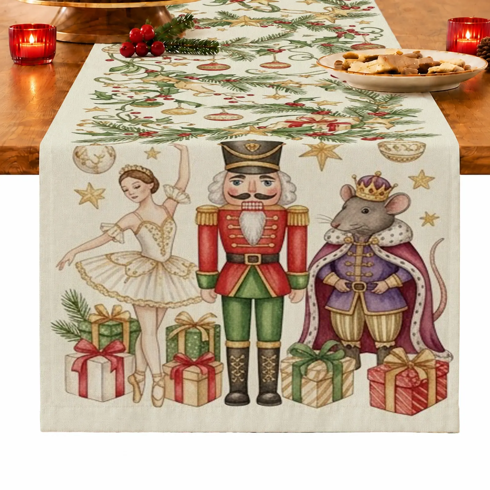 1pc Nutcracker Ballerina Mouse & Gift Box Table Runner, Vintage Christmas Style, for Dining Table, Kitchen, Christmas Dinner & Holiday Gathering, Christmas Table Decoration and Festive Home Decor