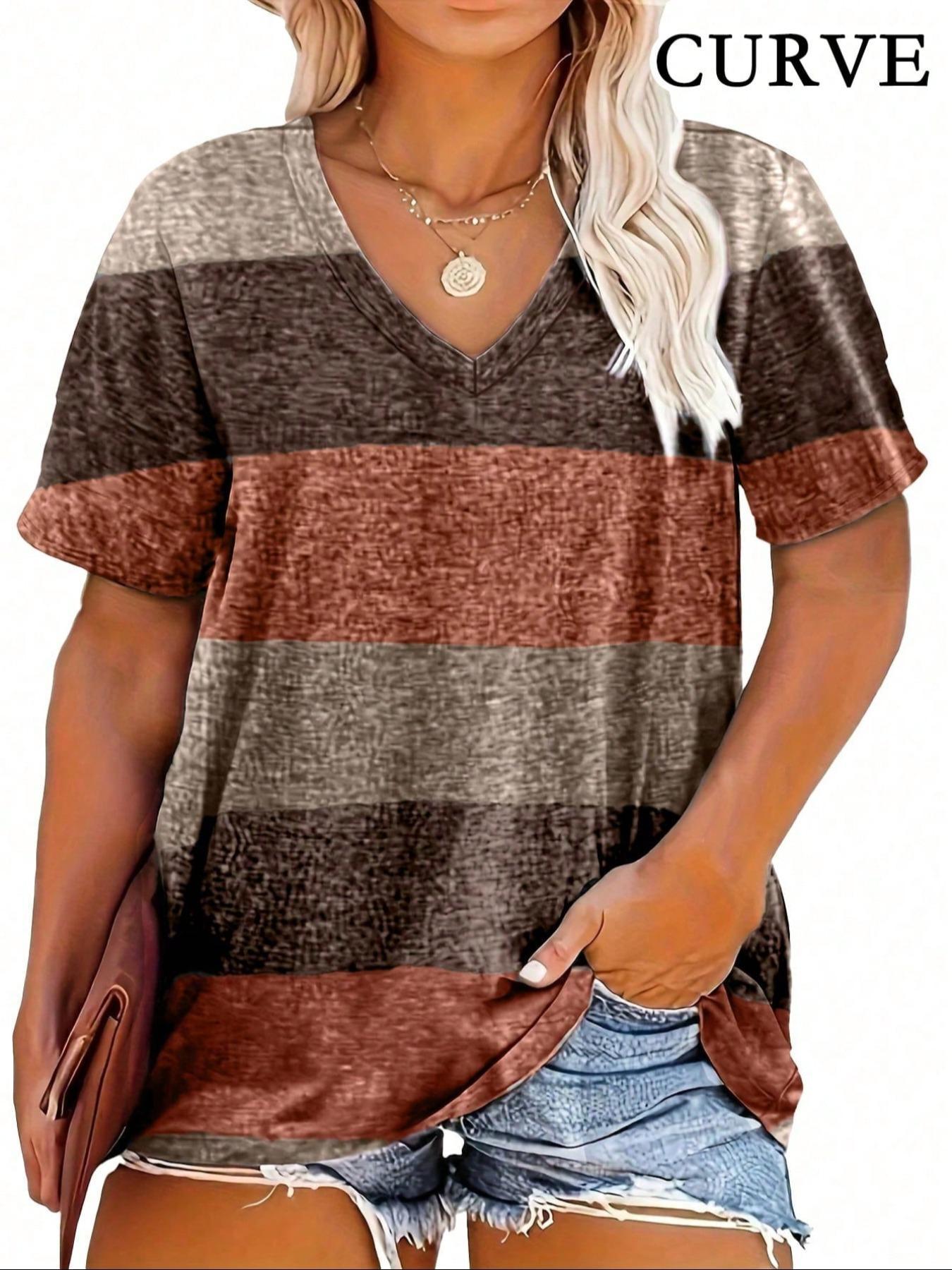 Plus Size Colorful Patchwork Print V Neck Tee, Plus Casual Stretchy Short Sleeve T-Shirt for Summer, Summer Outfits 2024, Women's Plus Clothing for Daily Wear