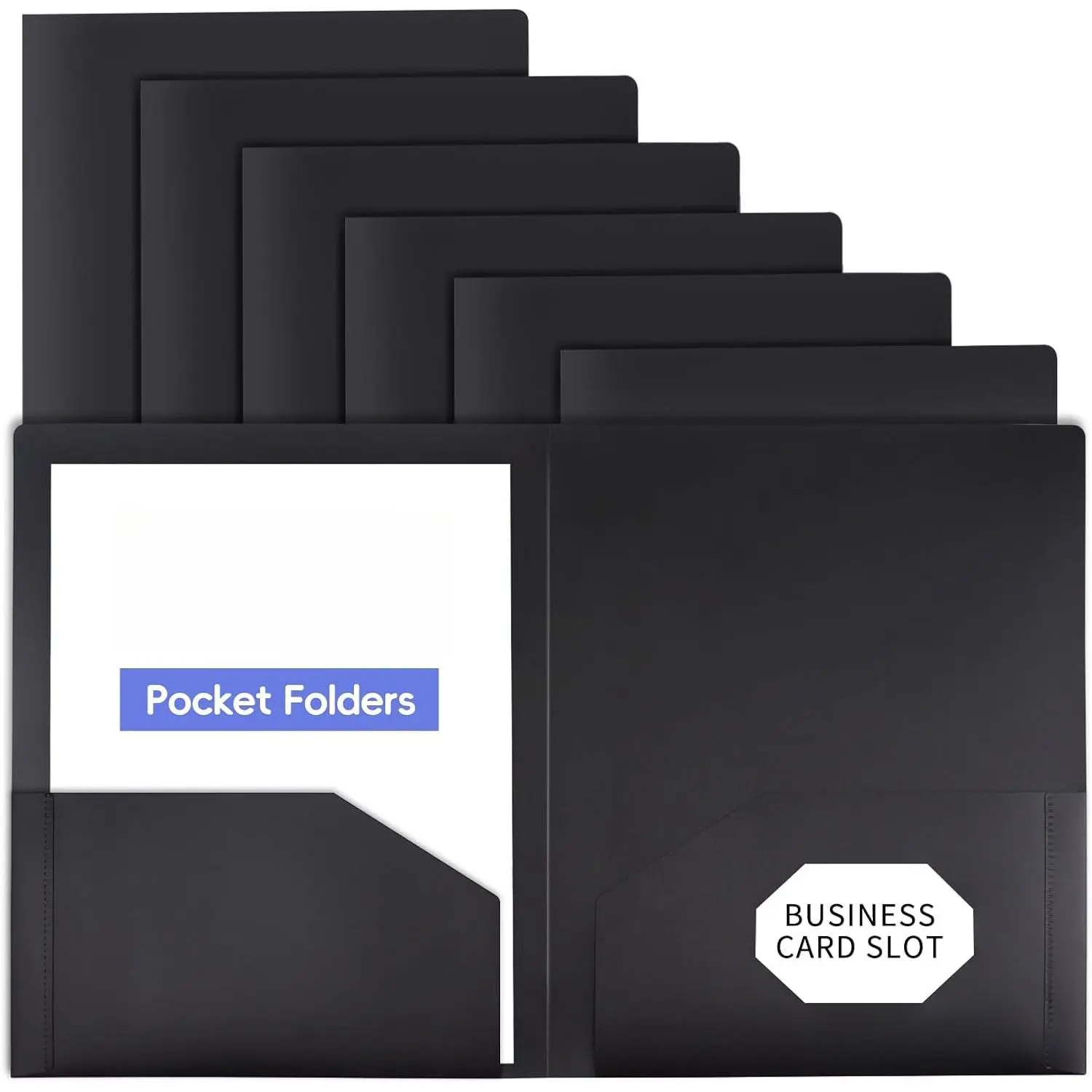 Plastic Folders with Pockets (6 Pack). Heavy Duty Plastic Folders with 2 Pocket and Business Card Slot. Fit Letter Size Paper, Black for School