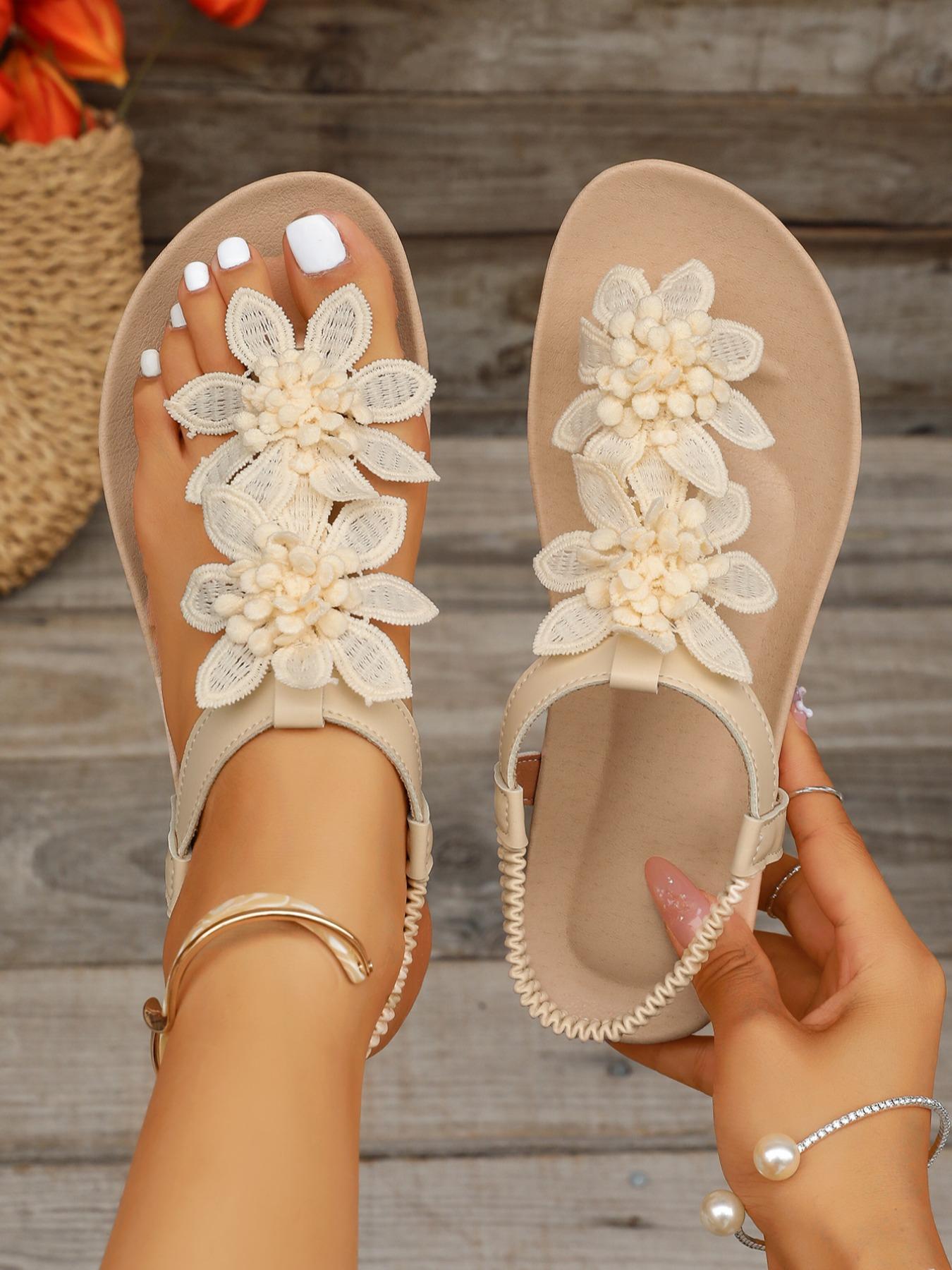 Women's Elegant Floral Sandals, Summer Fairy Tale Style, Toe Thong Design, Textile Upper, Anti-Slip Rubber Sole, Medium Width