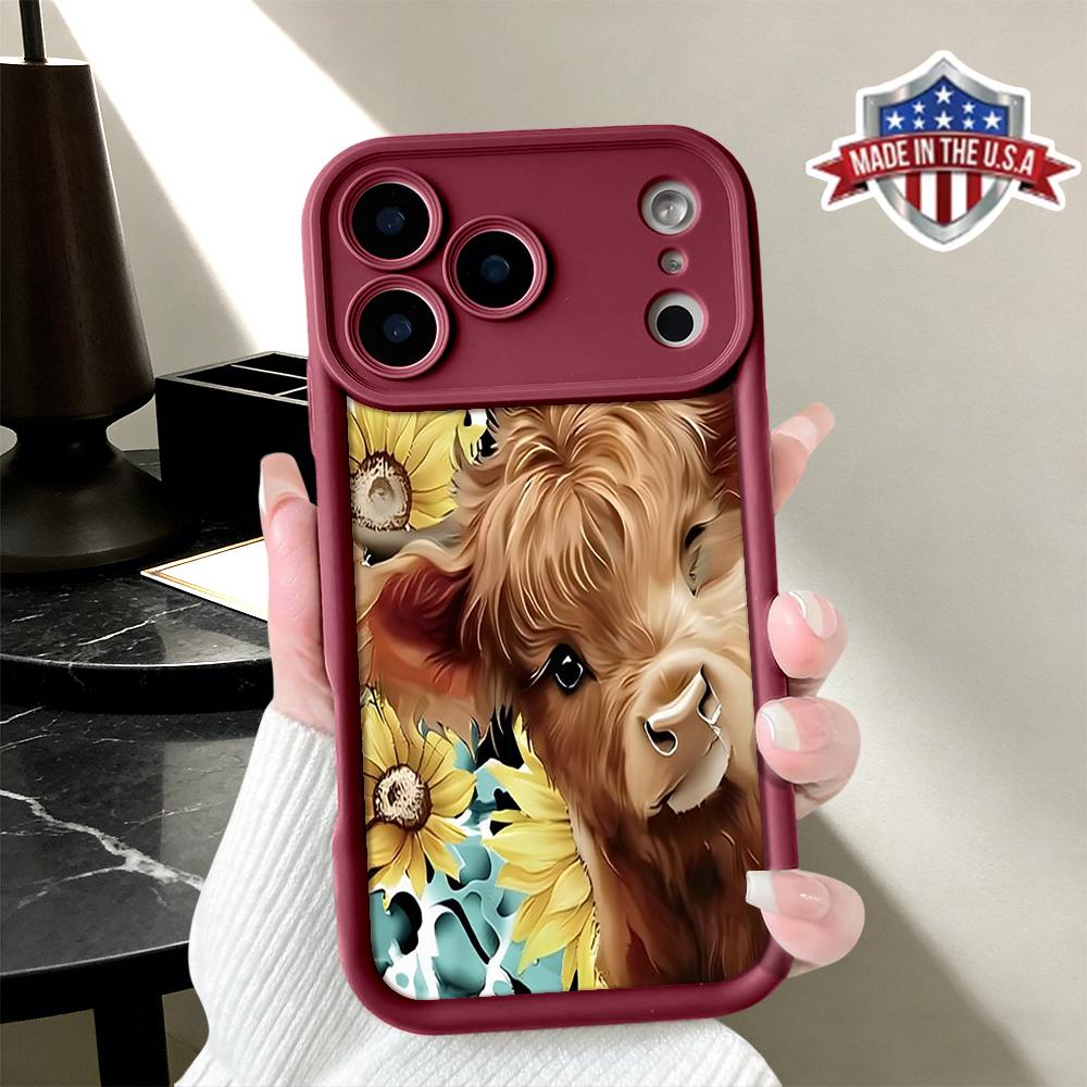 Cute Highland Cow Sunflower Floral Aesthetic Pattern Case for iPhone 17 16 15 14 Pro Max 13 12 11 XR XS Plus Air Slim Shockproof Anti Drop Protective Durable TPU Cover