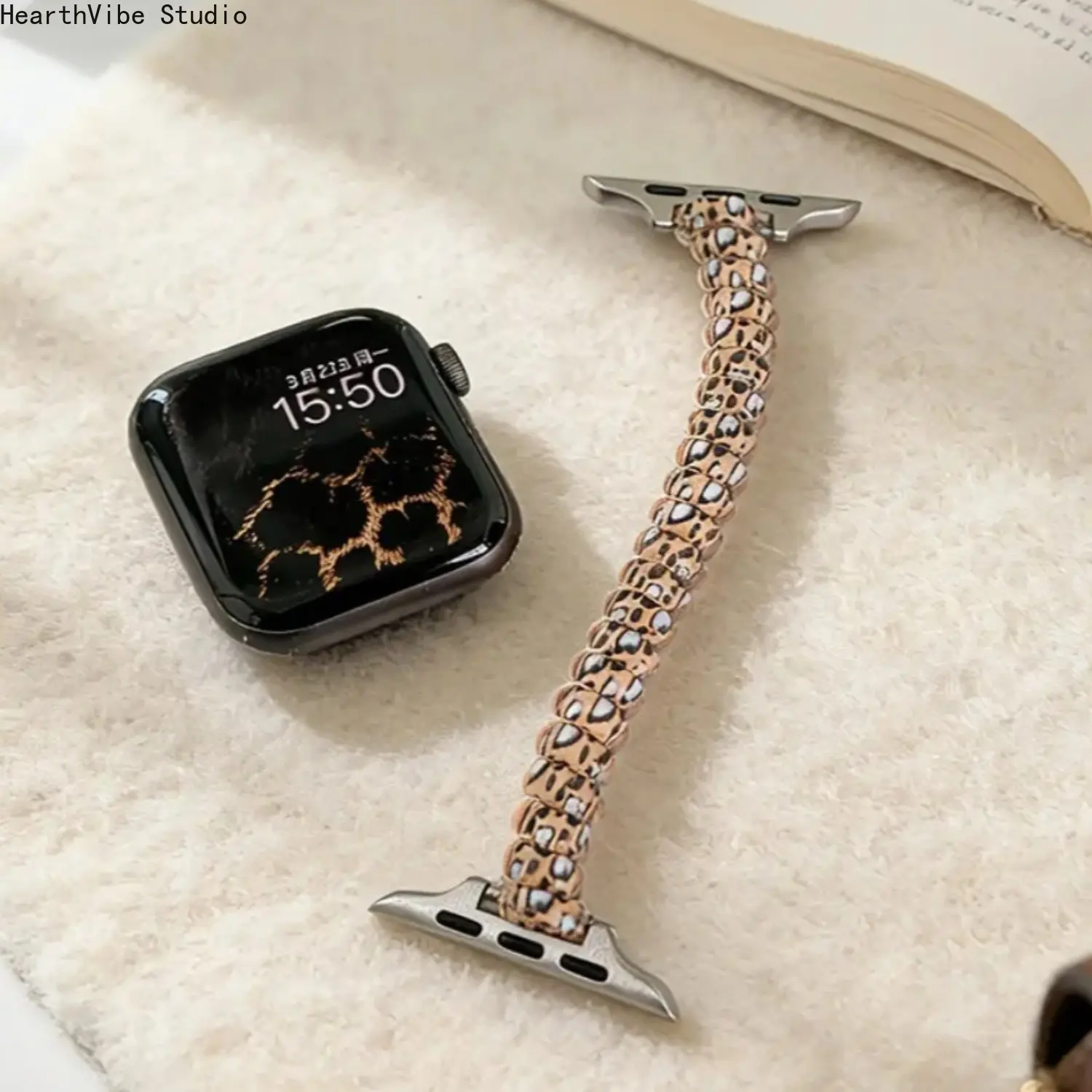 Leopard Print Phone Cord Scrunchie Watch Band Elastic Stretchy Strap Compatible with Apple Watch Series 1-11 SE Ultra Chic Wristband