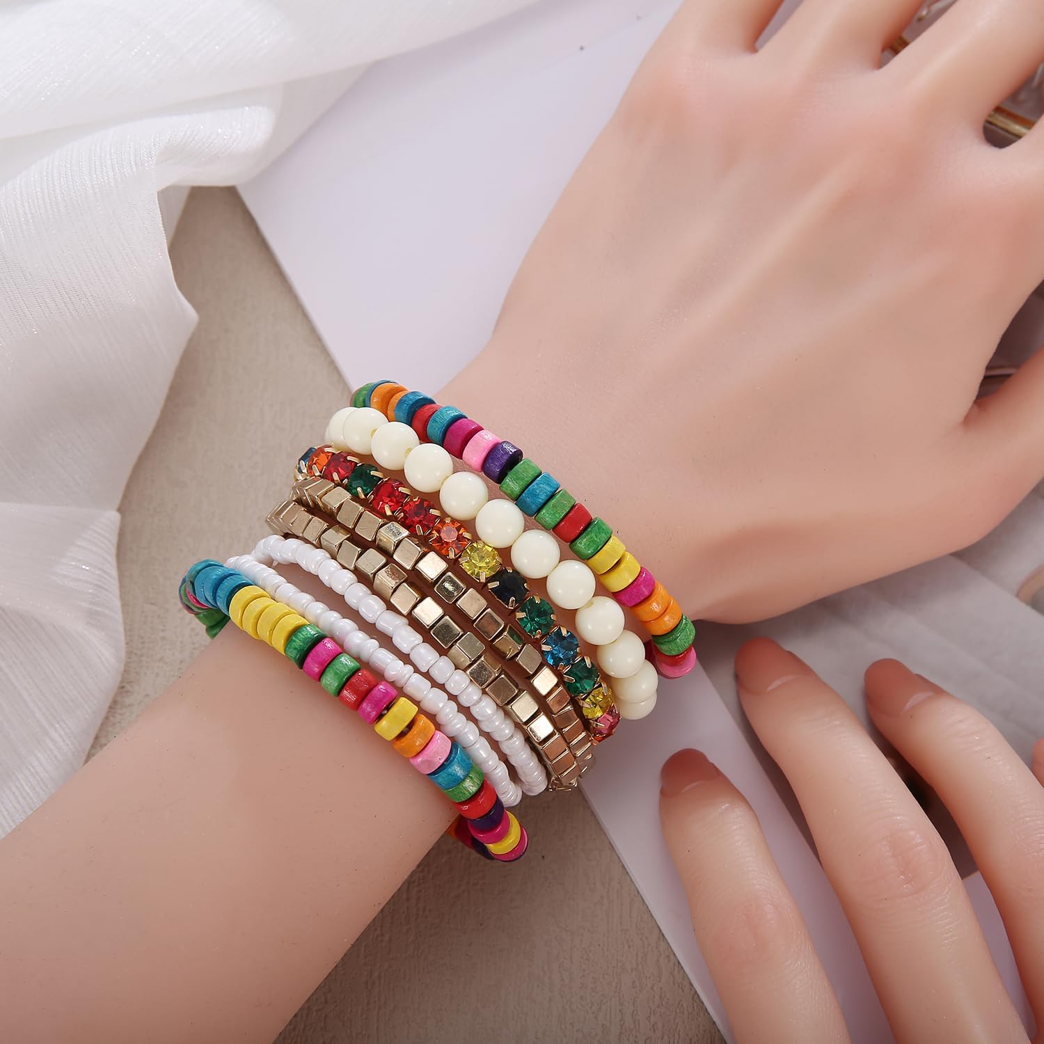 Bohemian Beads Cube Multi Strand Stretch Stackable Bangle Bracelet Set (bl003172)