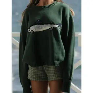 Women’s New Fashion Sweater for Autumn/Winter, Loose High-Elastic Fit, Crew Neck Pullover with Fish Pattern Knitwear, Casual Style