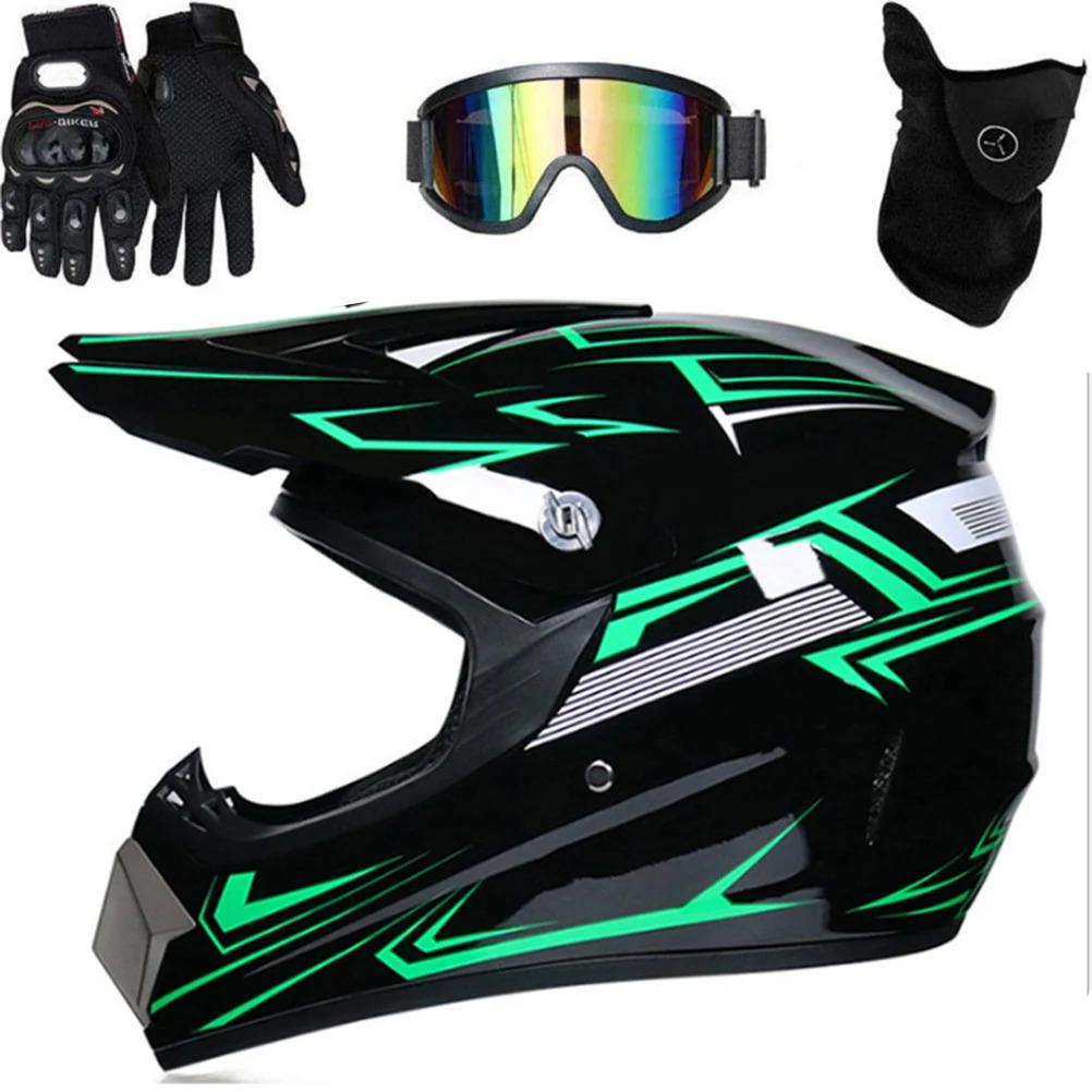 Adult Off-Road Electric Bike Helmet, Full Face Tactical Motorcycle Helmet with Goggles & Gloves, DOT Certified Black Green Crash Helmet with Face Mask, Ideal for Men Women & Motocross