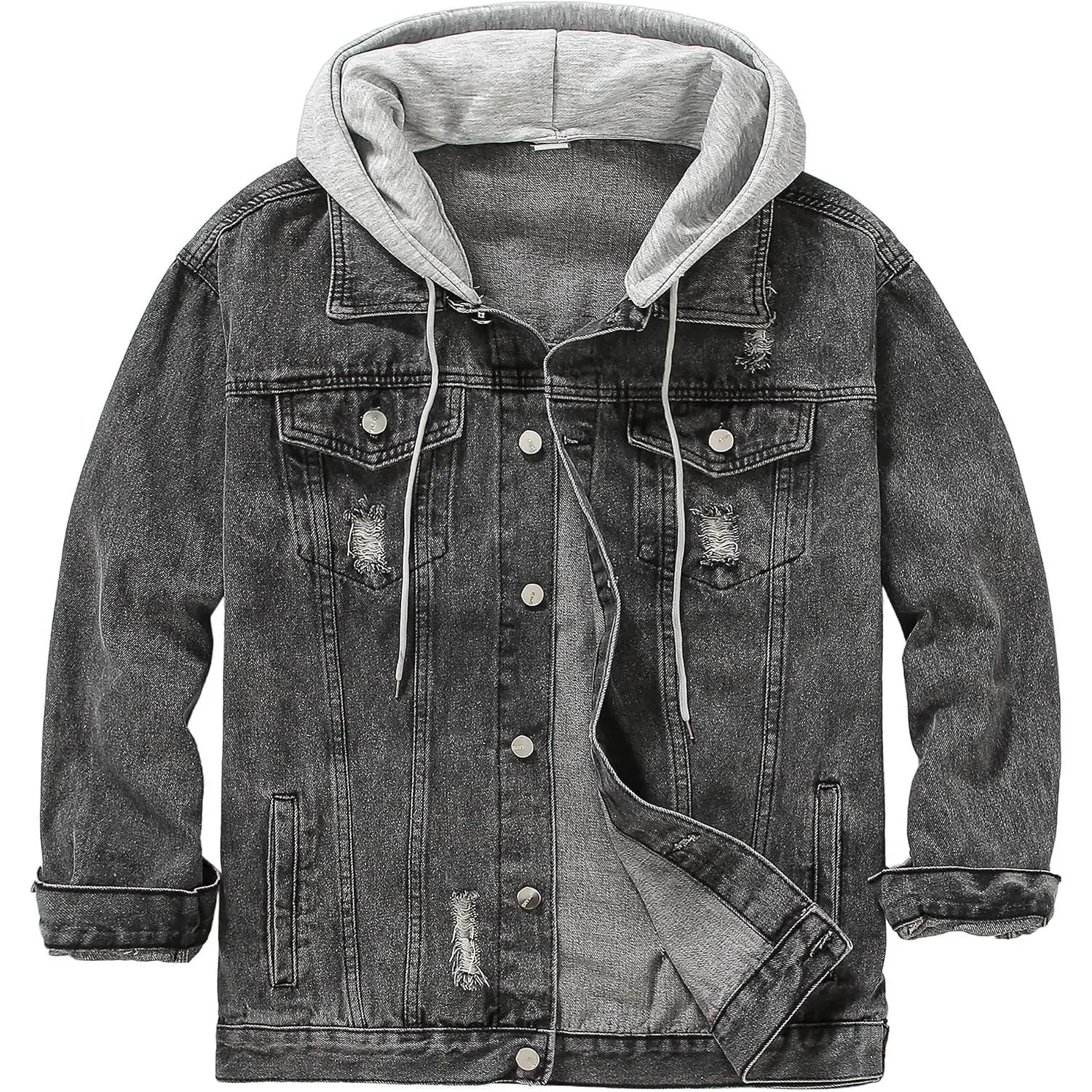 Men's Denim Jacket Distressed Hooded Jean Jackets Baggy Ripped Trucker Coat Loose Vintage Long Sleeve Denim Hoodie Cotton Button Down Jean Outerwear With Pockets Black Blue Hip Hop Streetwear Casual