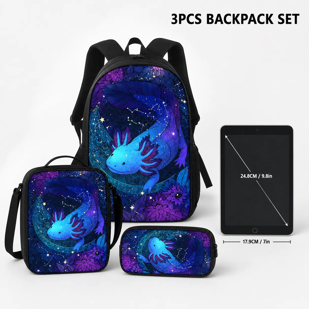 Backpacks for School, Kids' 3-Piece Polyester Set with Artistic Owl Pattern, Lunch Bag, Pencil Case & Adjustable Straps, School Days, Animal Theme