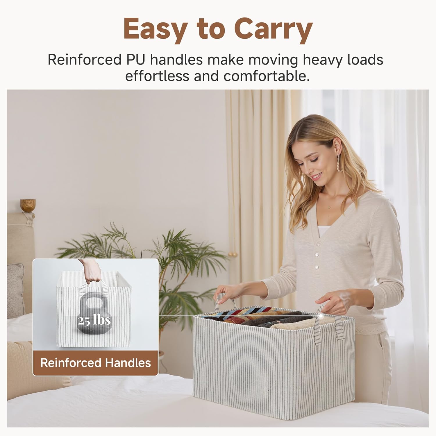 2-Pack Large Fabric Storage Bins for Shelves, Khaki and Beige Striped Storage Baskets with Metal Frame and Handles, Foldable Closet Organizer Bins