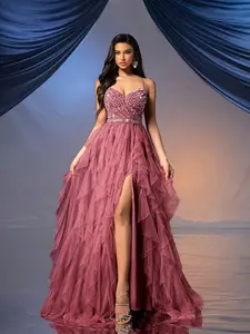 Women's Dusty Rose Spaghetti Strap Sweetheart Neck Evening Gown - Fairy-Style Backless Sequined Ruffled Tulle A-Line Long Dress with High Slit for Wedding, Formal Party Womenswear