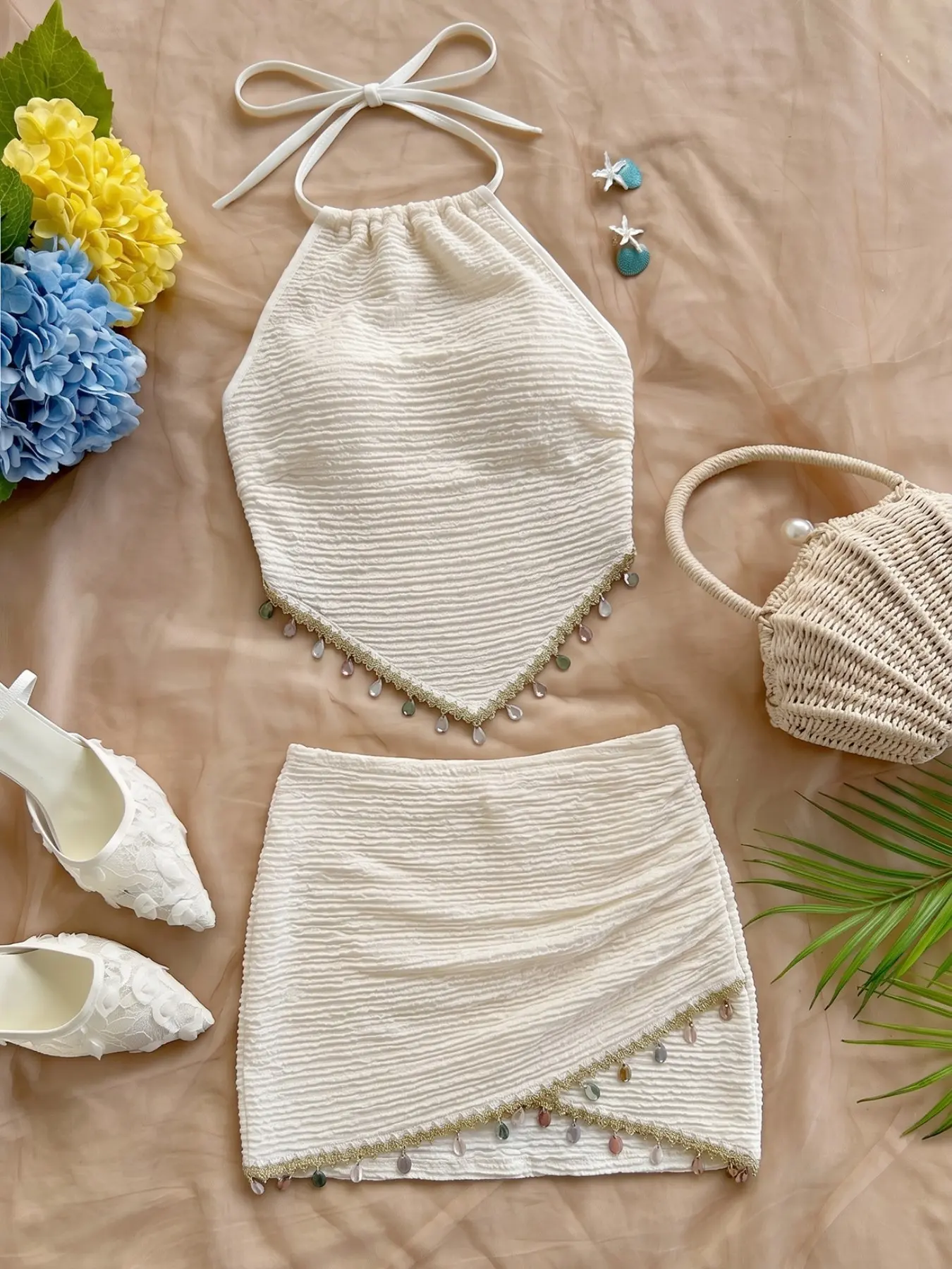 Cream Halter Sequin Tassel 2 Piece Outfit, bohemian vacation style, slightly stretch textured fabric, great for beach trips, seaside holidays and casual parties