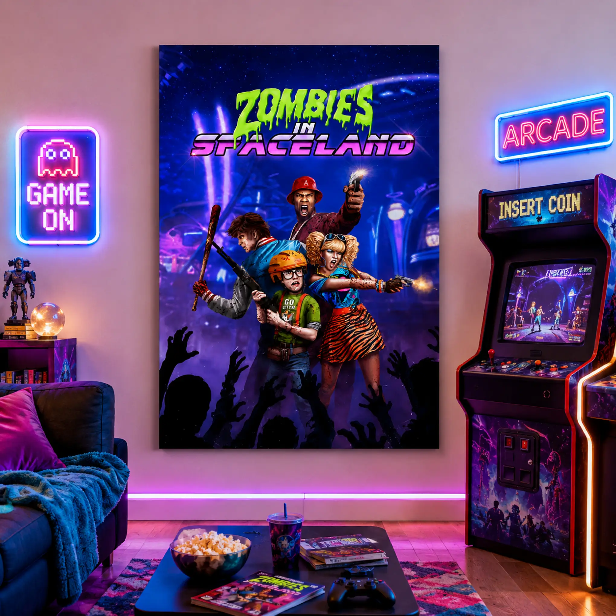 Call of Duty Infinite Warfare Zombies in Spaceland Canvas Wall Art, Andre, AJ, Sally and Poindexter Poster, Retro 80s Arcade Horror Gaming Decor, Neon Zombie Wall Art for Gamer Room, Bedroom, Man Cave and Game Setup