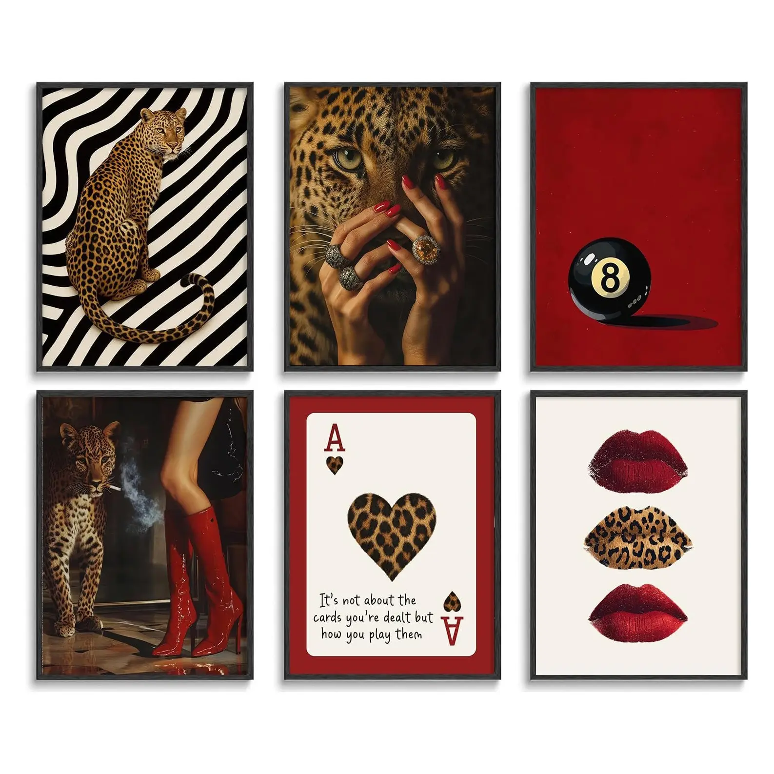6pcs/set Unframed Y2K Fashion Red Leopard Cheetah Print,How Lucky Are We 8 Ball Cheetah Poster,Home Decoration Dormitory Wall Art Decoration, Decorative Wall Art