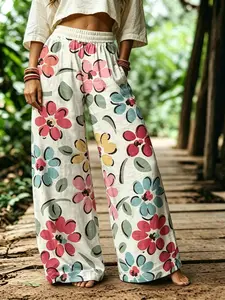 Women's Plus Size Loose Baggy Straight Leg Elastic Pants, Hand-Drawn Large Floral Print, Vintage and Energetic Summer Style, Retro Atmosphere