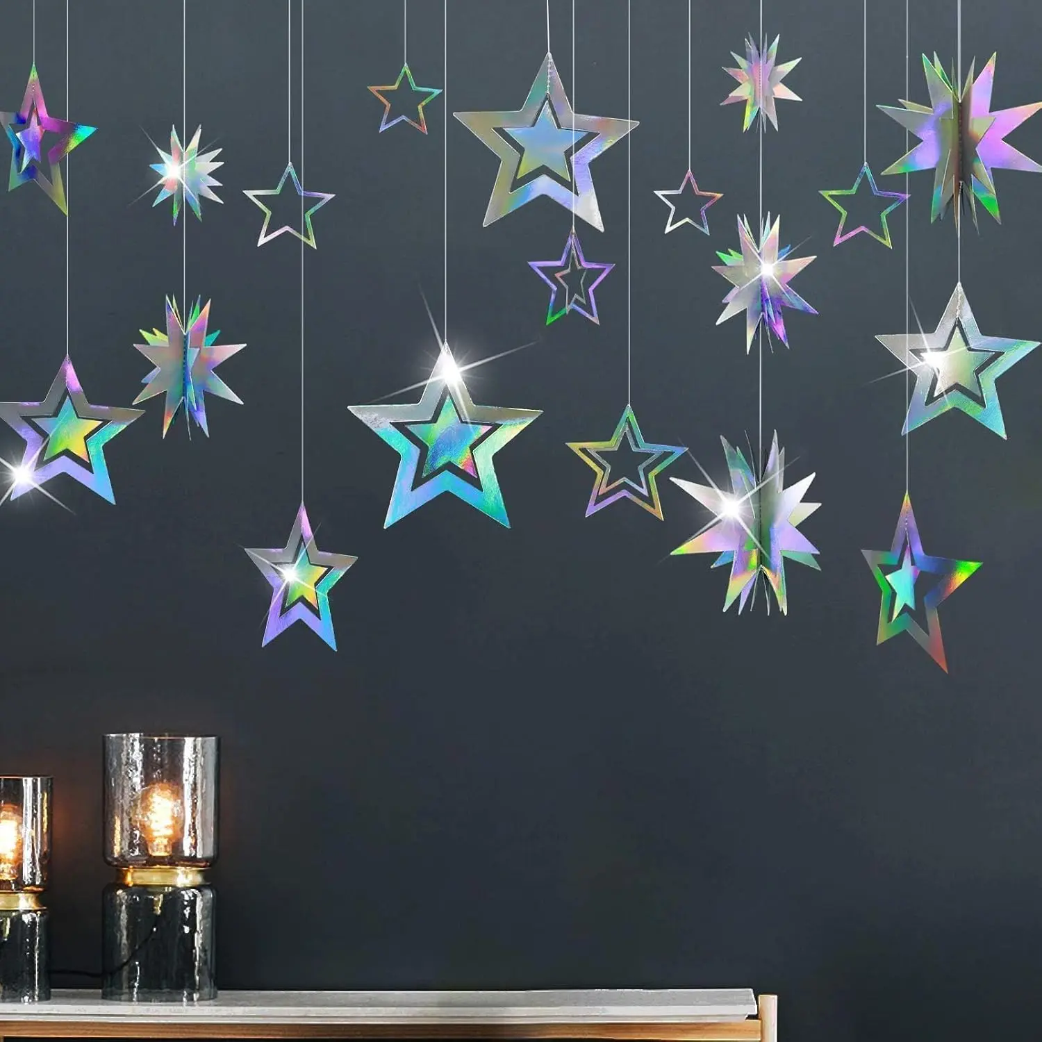 Iridescent Star Party Decorations Holographic Hanging Stars Garlands Disco Dancing Queen Galaxy Space Birthday Decorations Twinkle Star Banner Backrop Alien Celestial Theme Party Decor