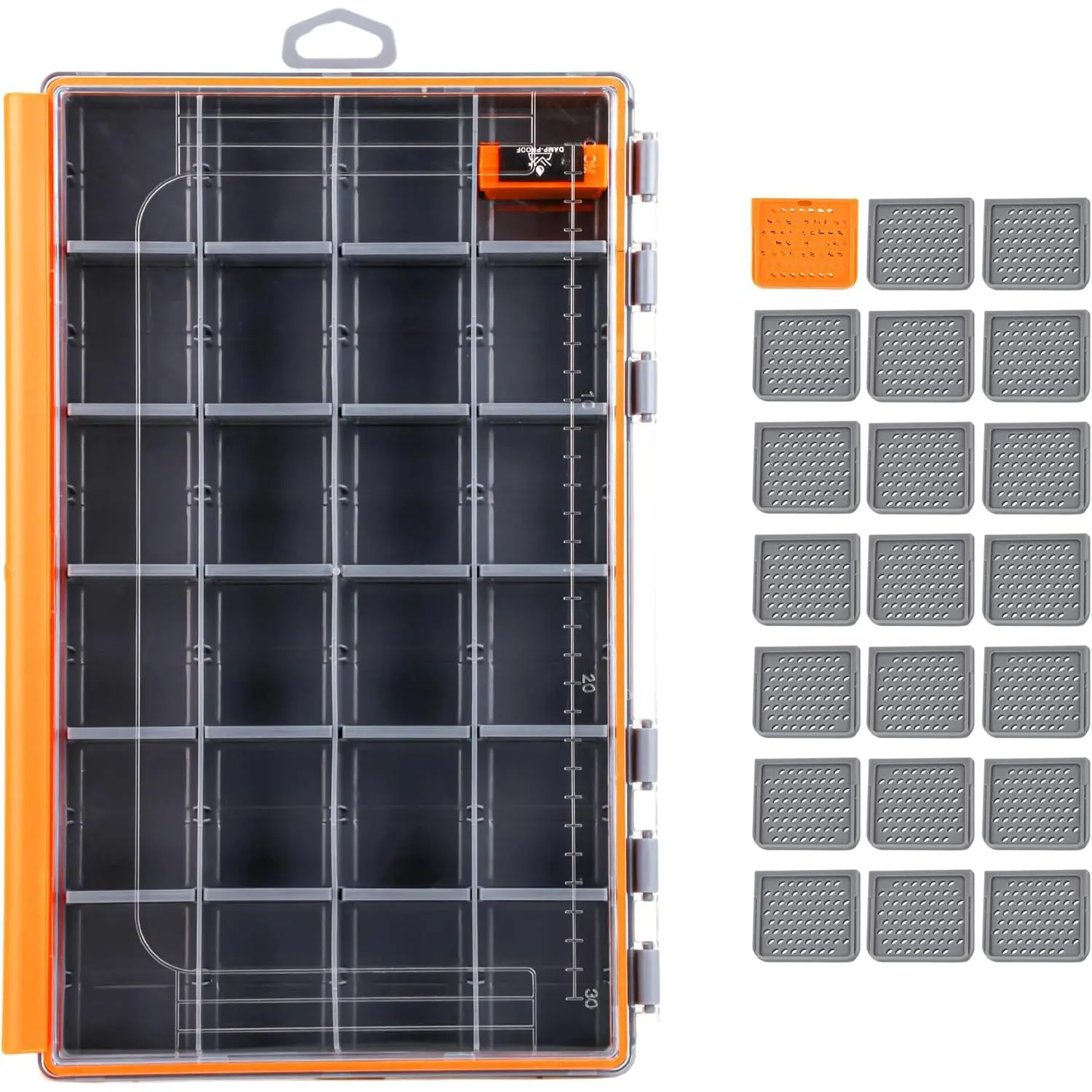 RUNCL Fishing Tackle Box - 360° Waterproof Tackle Trays, Fishing Tackle Box Organizer with Adjustable Dividers for Jigs Lures, Orange, 1 Pack