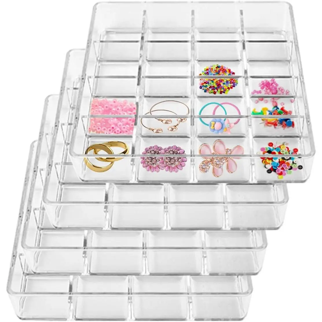 4 count Stackable 16 Grids  Organizer Tray, Clear Ring Display Stand | Small Earrings Storage Tray Plastic Drawer Organizer for Makeup, Accessories, Desk,