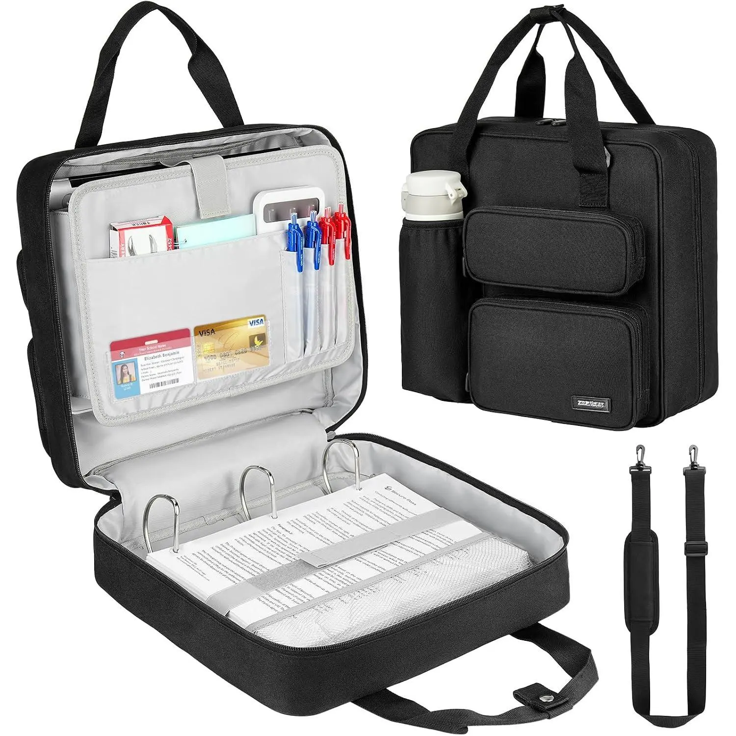 Zipper Binder 3 Ring, 700 Sheets Capacity, Binder 3 Inch with  Strap Fits 13 Inch Laptop for School and Office,Black