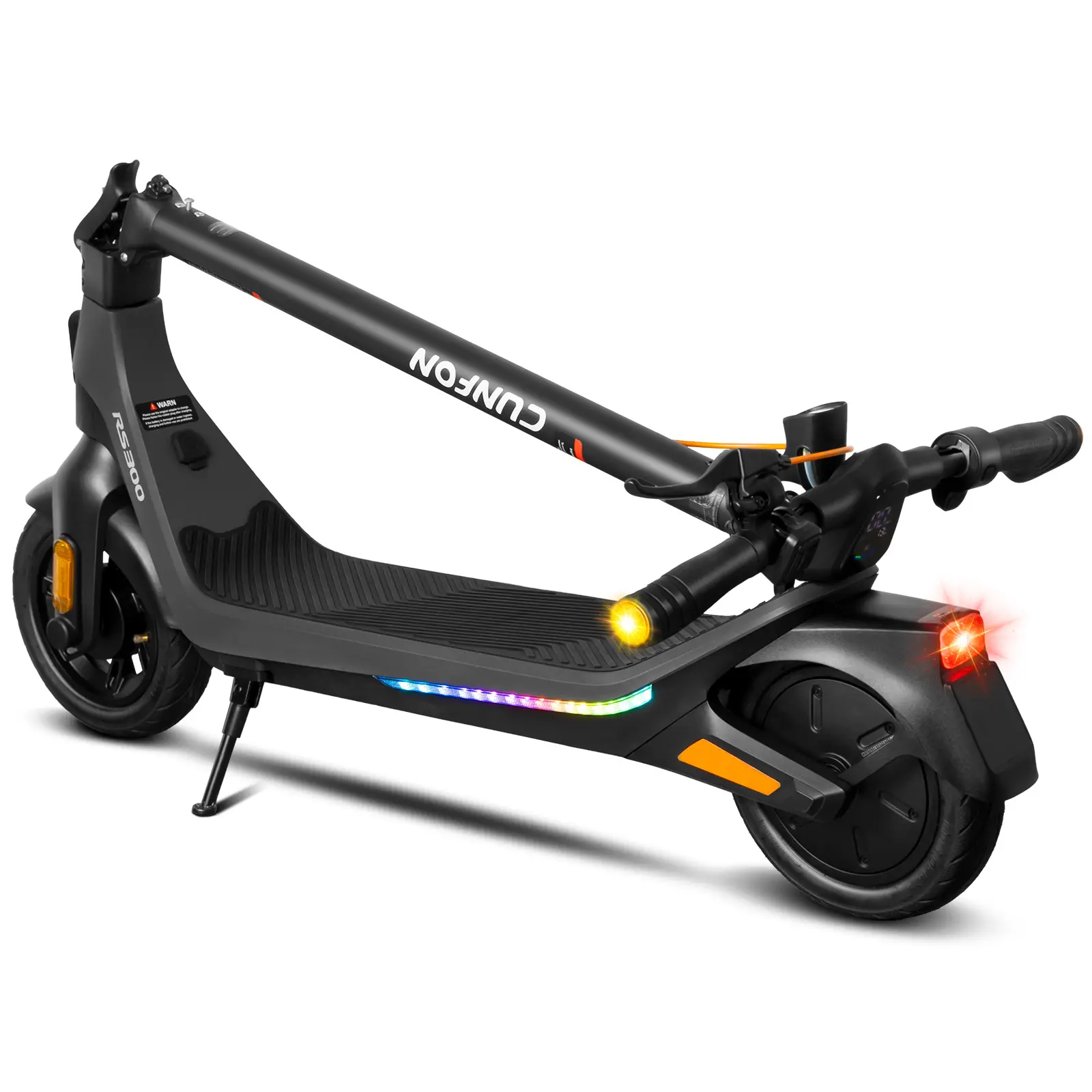 CUNFON RS300 Electric Scooter Max 650W Motor, 25 Miles Long Range, Max Speed 19 Mph, Fingerprint Unlock, 10 Inch Tires, Drum Brake & Electronic Brake, Colored Side Lights and APP, Foldable Adult Commuter Electric Scooter