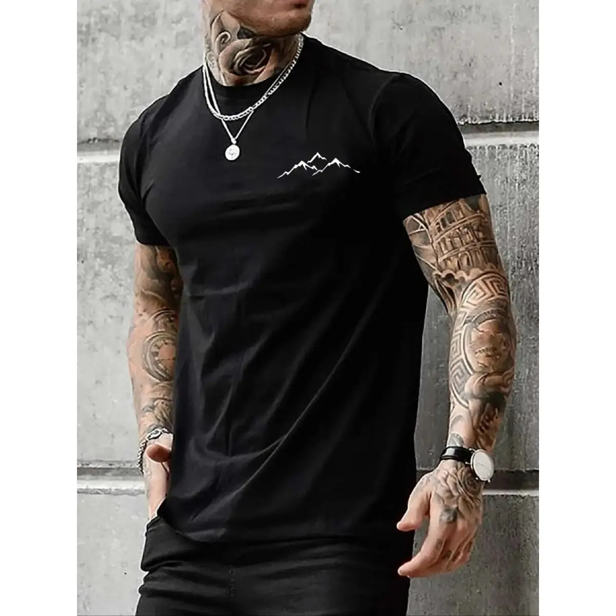 Men's Classic Mountain Print Round Neck Short-Sleeve Tshirt - Unisex Casual Apparel, Regular Fit Fabric Top for Summer Daily Wear