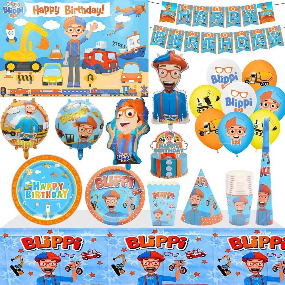 Blippi Balloons Happy Birthday Banner Decorations Party Supplies Backdrop English Teacher Cake Topper Cup Disposable Tableware