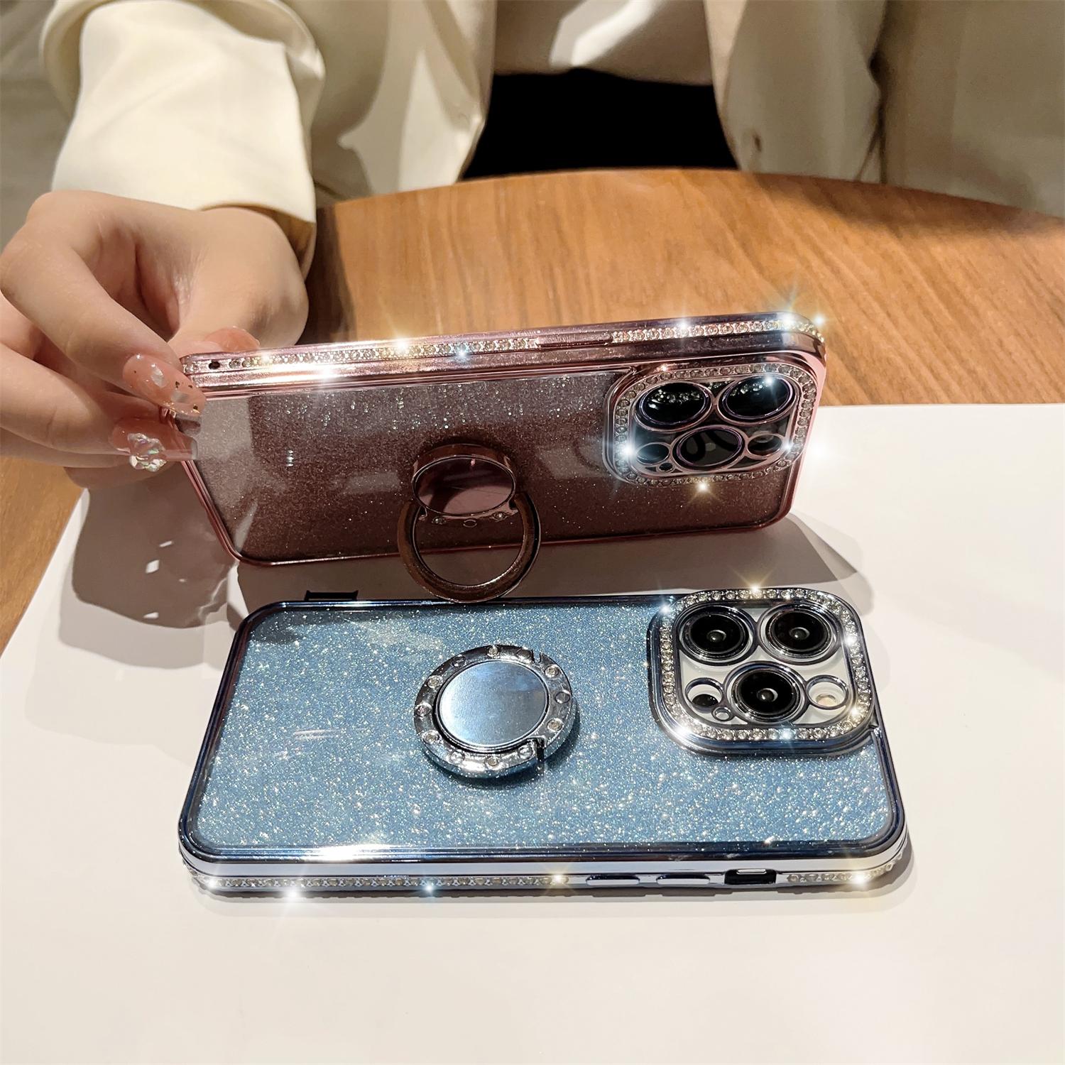 Bling Glitter Ring Case For iPhone 16 15 14 13 12 11 Pro Max Ring Holder Kickstand Case Plating Bumper Cover with Camera Lens Protector