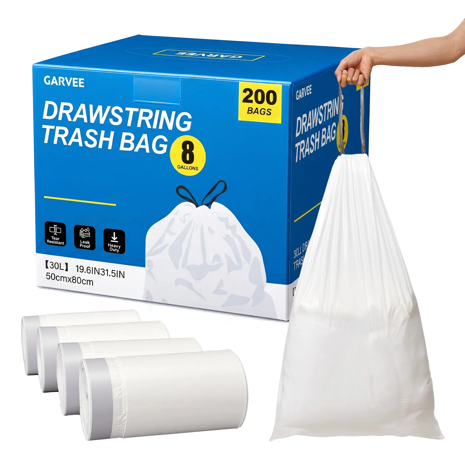 【Garvee】Heavy Duty 30L Kitchen Trash Bags - HDPE Water-Resistant Durable Plastic Garbage Bags for Waste Disposal, Large Capacity, Single Pack