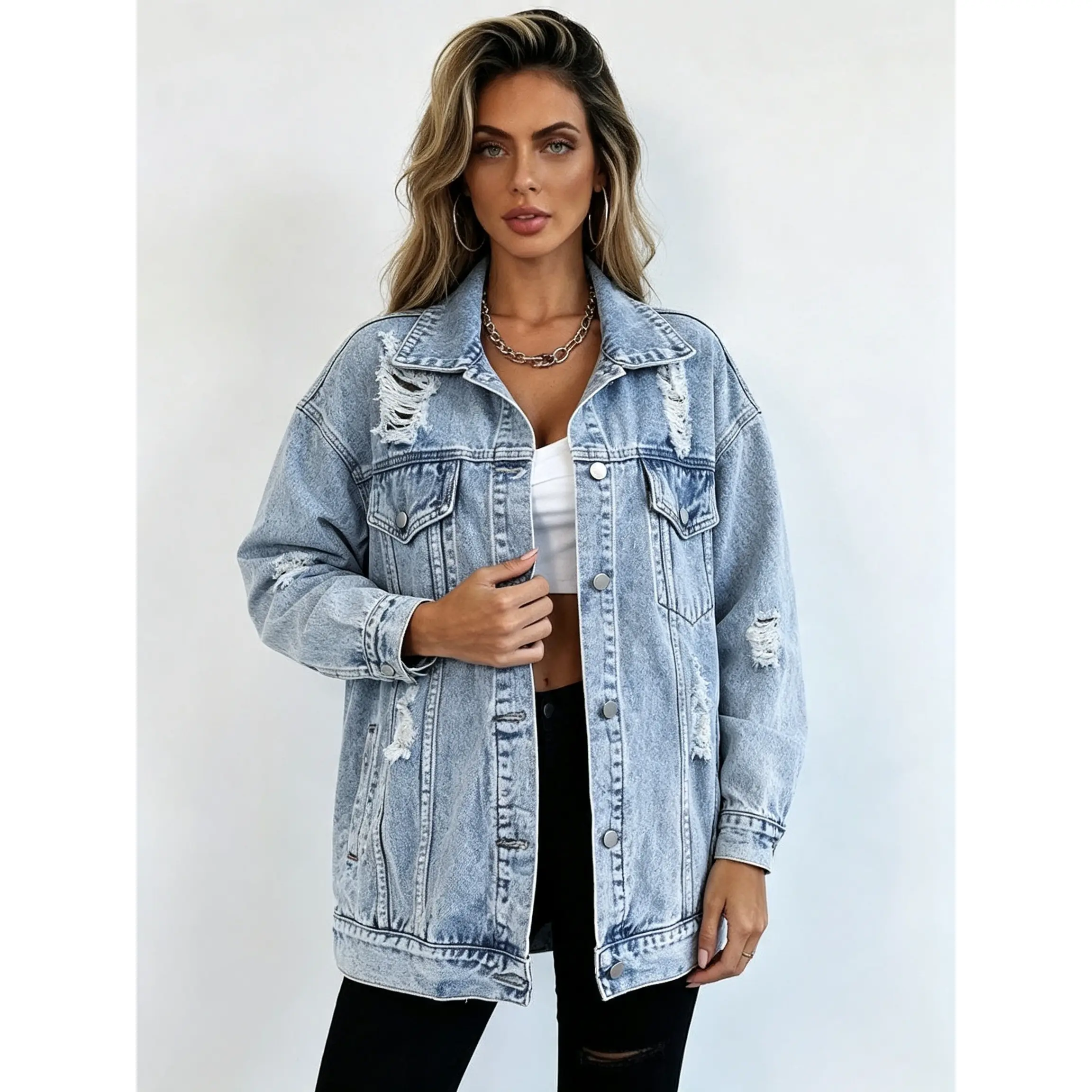 Women's Washed Distressed Cargo Denim Jacket| Harajuku Streetwear Oversized Coat| Vintage Grunge Trucker Outerwear Womenswear Piece