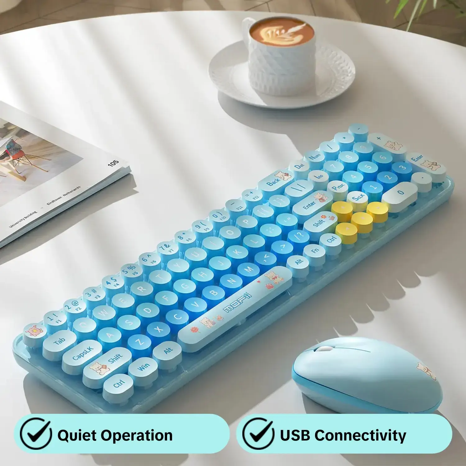 MOFii Cute Bear 2.4G Wireless Keyboard Mouse Set, High Keycaps Silent Office, Blue Cartoon Design, US QWERTY, Compatible with Desktop Laptop (No Batteries Included)