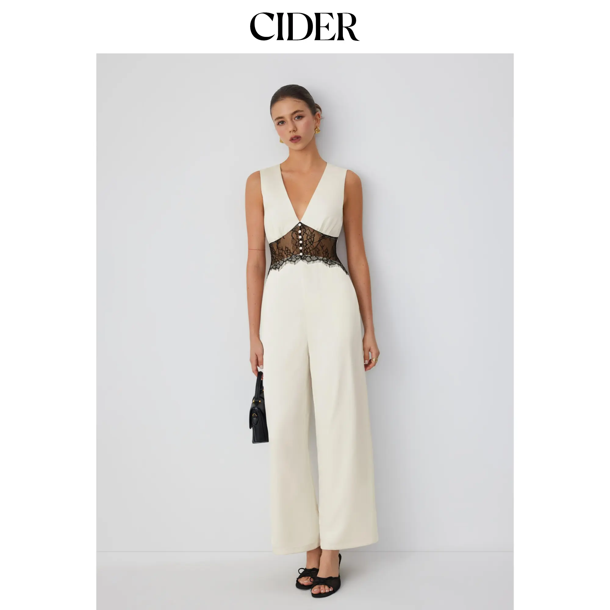 Cider Satin V-neck Lace Panel Mid Rise Wide Leg Pocket Jumpsuit