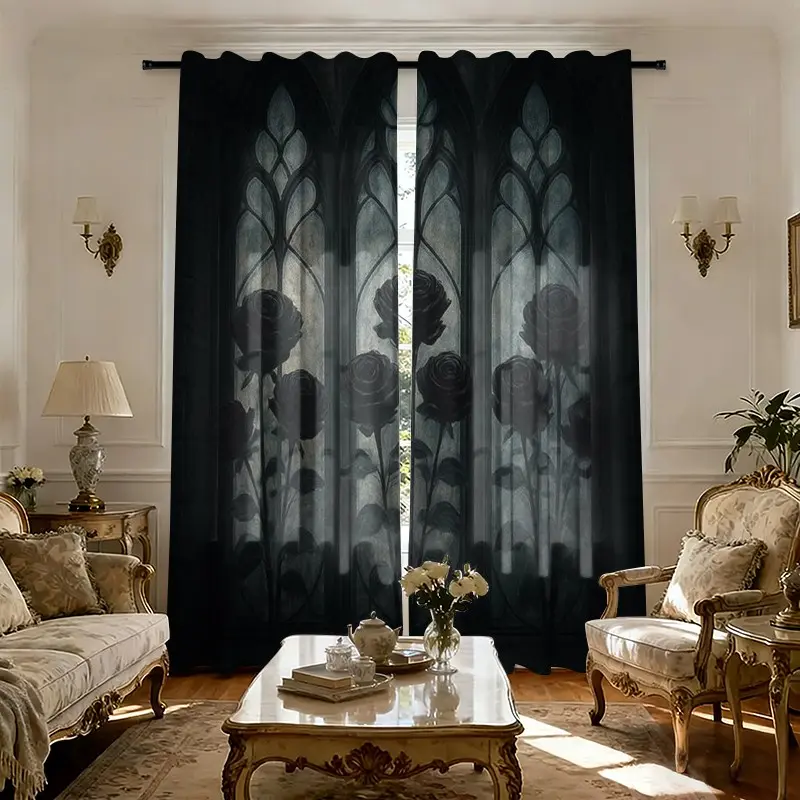 2 pieces Gothic black rose church window printed curtains, Window Drapes, high-definition digital printing, fade-resistant, machine washable and hand washable, pole bag hanging, suitable for office, bedroom and living room home decoration