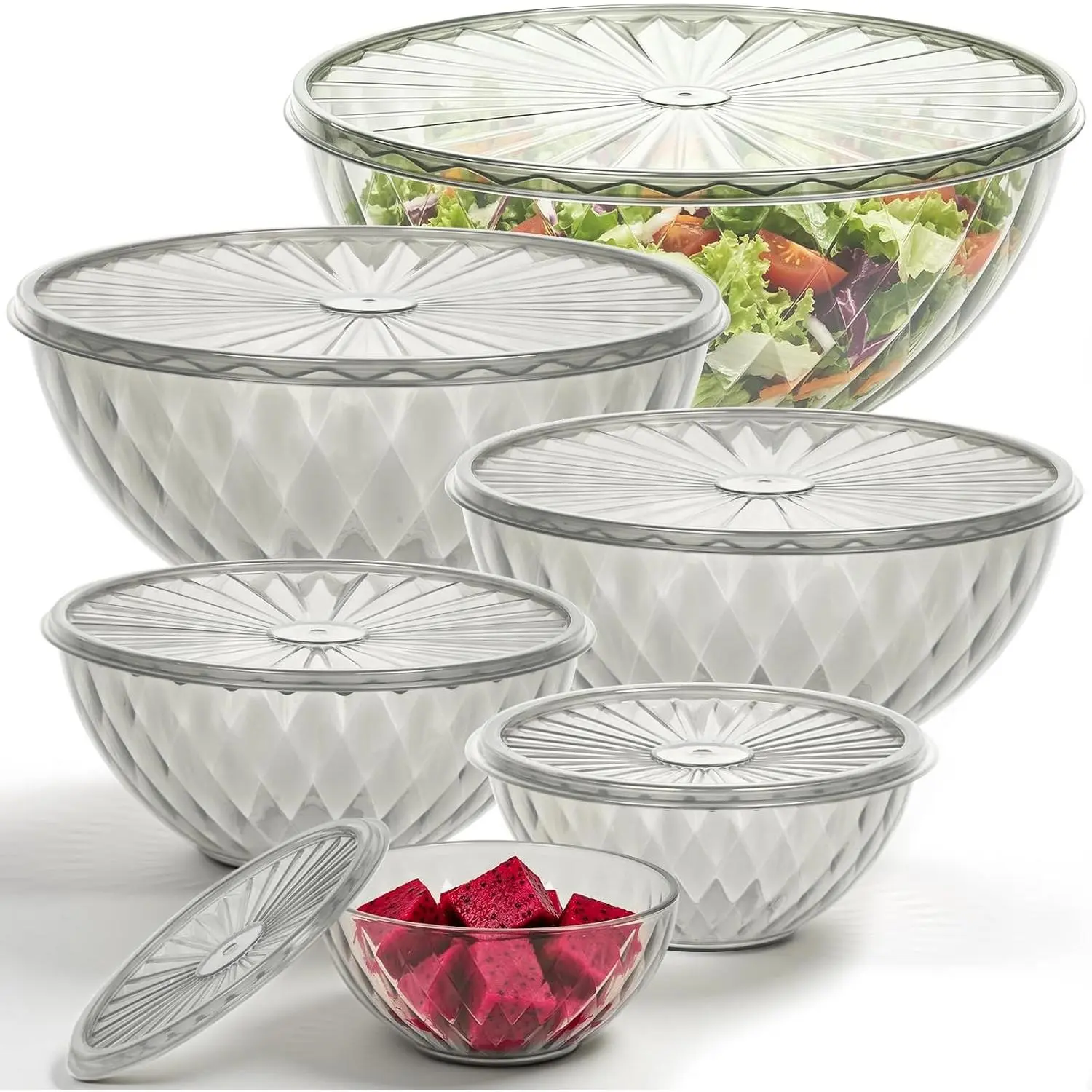 Plastic Mixing Bowls with Lids, 6 Piece Nesting Bowls Set for Kitchen, One-Press Lids, Meal Prep, Salad Mixing, Baking, Serving, Storing, Dishwasher & Microwave Safe, 5.3/3.2/1.9/1.2/ 0.6/0.3 QT
