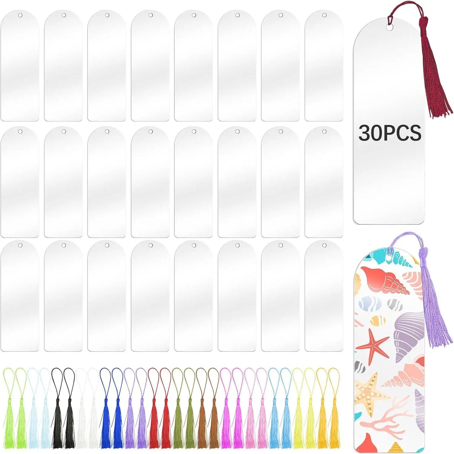 30 count Clear  Bookmarks Blanks 6" x 2", Plastic Book Page Markers Transparent Semicircle  Bookmark Blank Bulk with 30 count Book Mark Tassels for DIY Crafting Projects and  Tags