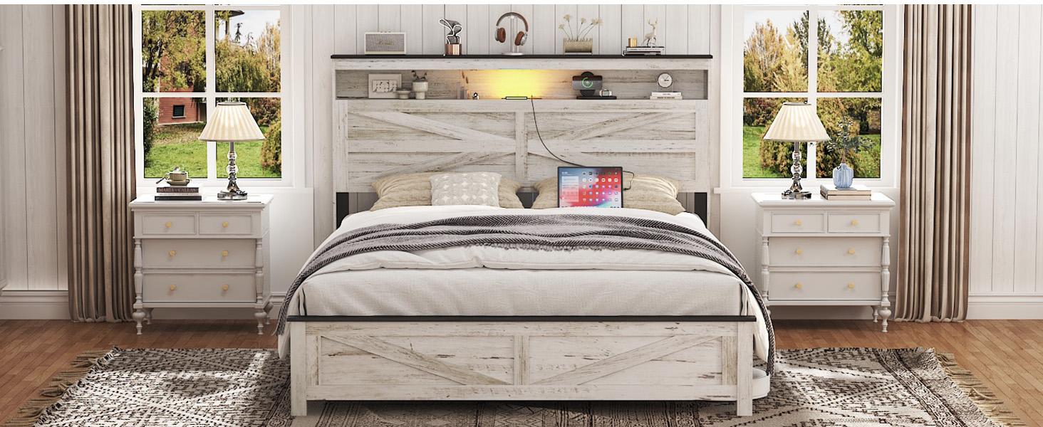 ARCH Queen Bed Frame Farmhouse, Queen Size Bed Frame with Storage Headboard & LED Lights, Charging Station Boho Platform Bed, Queen Bed Frame Metal Slats No Box Spring Needed Bedroom Set
