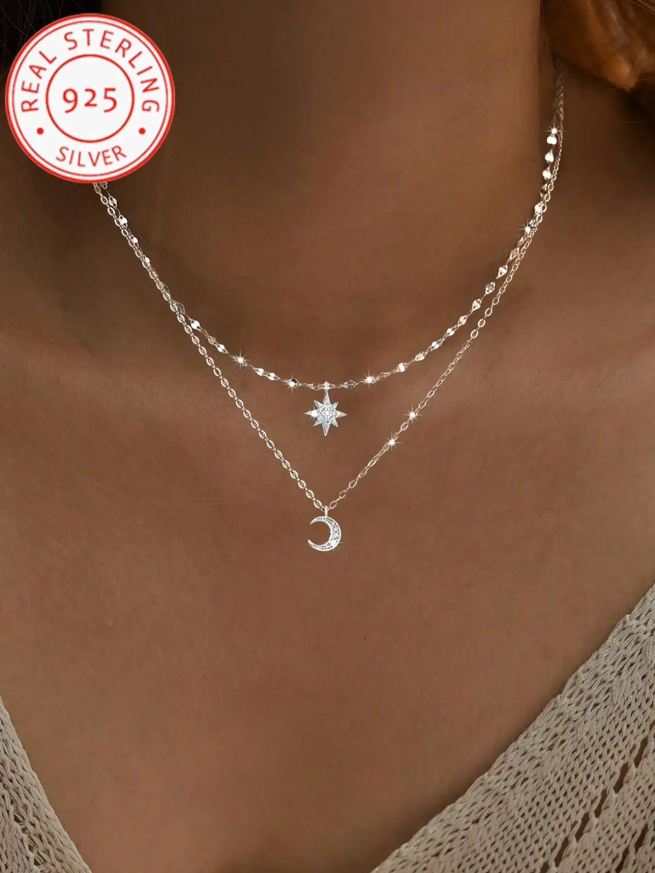 925 Silver Color Multilayer Necklace, Dual Layer Zircon Star Moon Pendant With Zirconia, Elegant Fashion Jewelry Gift, Layered Necklace, Decorative Necklace