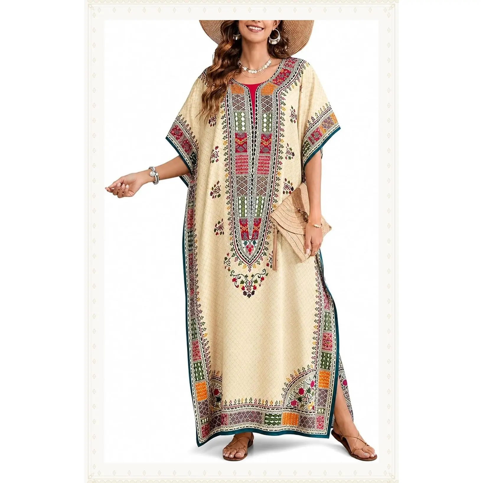 Plus Size Long Maxi Kimono Kaftan Nightgown for Women - 52" Length, 3/4 SleevesGift