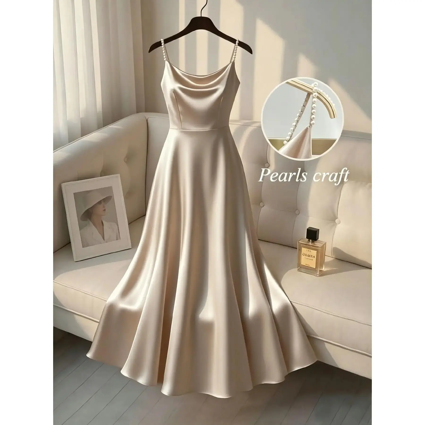 Women's Strapless High-Quality Satin Evening Gown - Handmade Beads Detail, Waist-Cinched, Sleeveless, Solid Pure Colors, Smooth Finish, Elegant Fashion for Formal Events (Sports & Outdoor Clothing Cross-List Note)