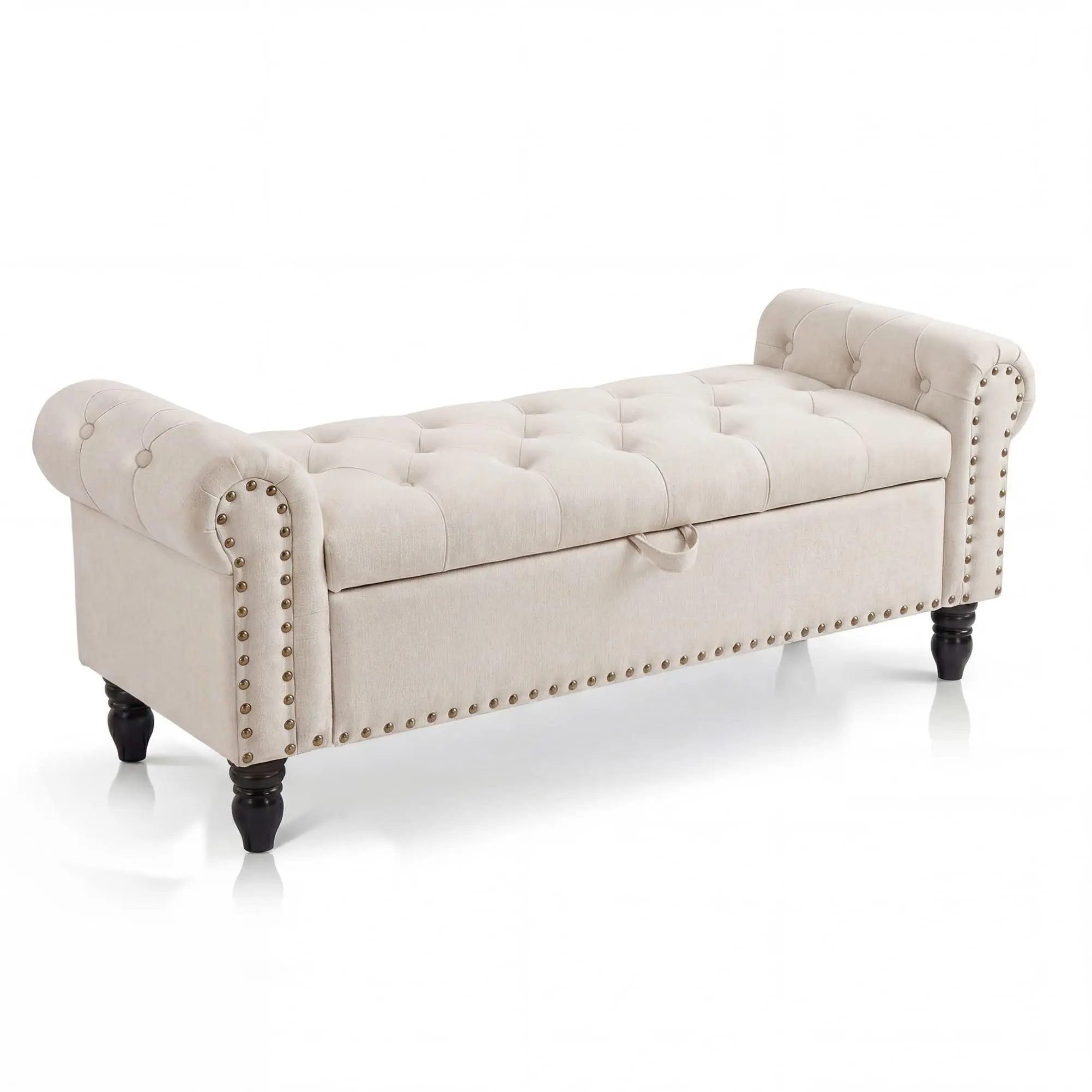 51" Storage Ottoman Bench, Button-Tufted End of Bed Bench with Rolled Arms, Linen Window Bench, Entryway Bench with Safety Hinge for Bedroom