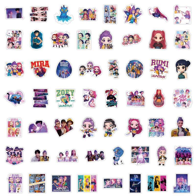 56 Pcs Kpop Demon Hunters Graffiti Stickers, DIY Phone Case Skateboard Luggage Decals, Trendy Anime Character Designs, Cellphone Cover Accessories