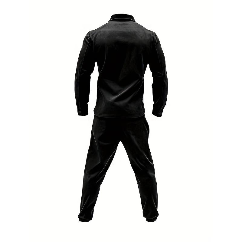 2pcs Men'S Casual Solid Color Sweatsuit Set, Polyester Knit Fabric with Slight Stretch, Regular Fit, with Lapel Collar, Button Details, for Spring/Fall - Fashionable American Style Workwear Jacket and Pants Combo