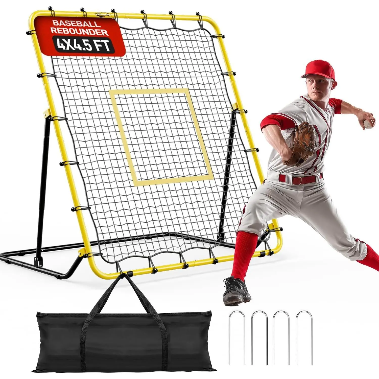 Baseball & Softball Rebounder Net with Carry Bag,7 Angles Adjustable Pitchback for Fly Balls, Grounders & Line Drives,Portable Fielding Trainer,4x4.5FT Bounce  Net for  Players