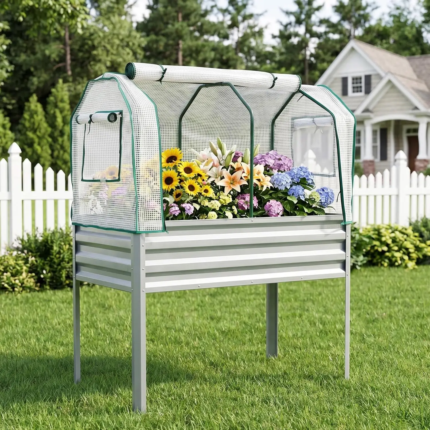 Gaomon Galvanized Raised Garden Bed with Greenhouse Cover & Legs - Elevated Metal Planter Box for Backyard, Patio or Balcony - 48x24x30 in, Silver, with Greenhouse