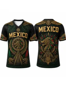 Unisex V Neck Short Sleeve Top Mexico Letter Quetzalcoatl Dragon Aztec Sun Calendar Pyramid Ethnic Full Print Breathable Casual Tee, Vintage Totem Graphic T-Shirt For Summer Street Sports Vacation Couple Matching Outfit.