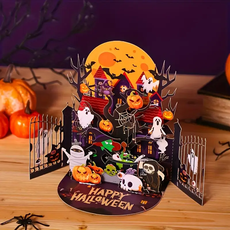 Handmade 3D Pop Up Halloween Card, Witch House Ghost Pumpkin Invitation, Includes Envelope, Perfect for Halloween & Christmas Gifts