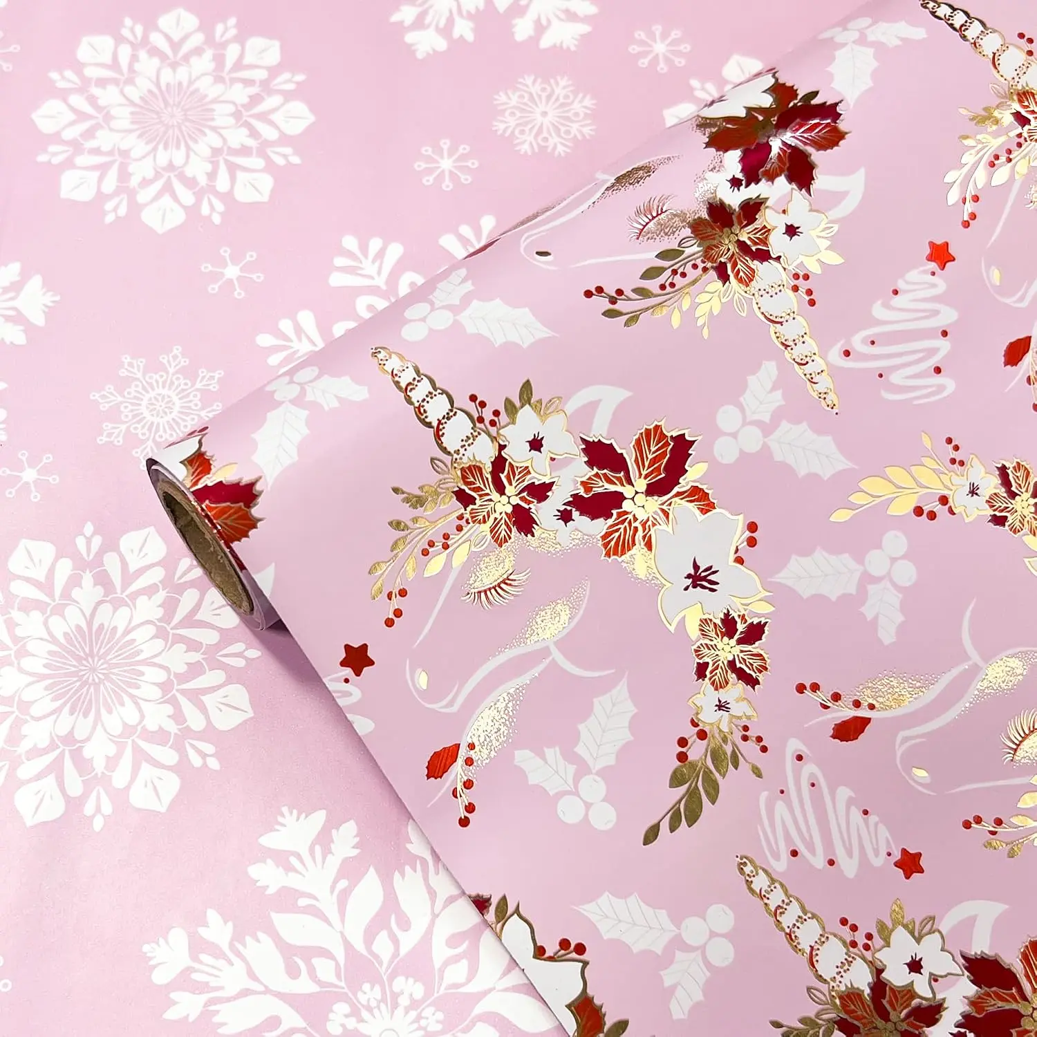 Reversible Unicorn Christmas Wrapping Paper Roll - Holiday  Wrap with Metallic Foil Shine  Xmas Design for Women Men  Holiday Winter Celebration ( Christmas - Girl, 17 Inches X 16.5 )
