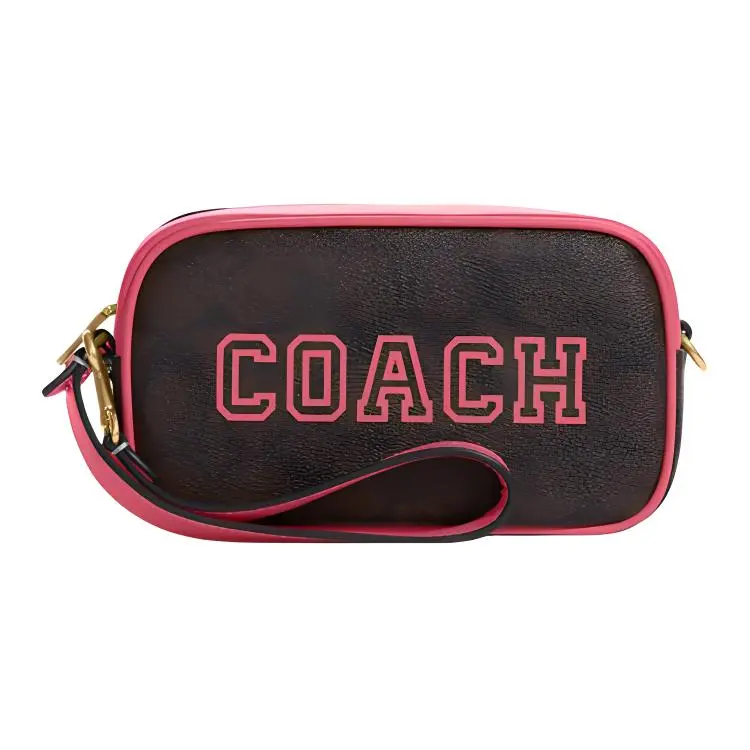 COACH Jamie Classic Monogram Double Card Slot Zippered Clutch Handbag for Women, Brown and Watermelon