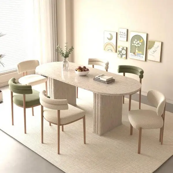 Minimalist Extendable Oval Corner Dining Table - 4-8 Seats, Travertine Stone Top, MDF Melamine Strip Base, Kid-Safe, Durable Indoor Furniture, Assembly Required, for Everyday Meals, Special Occasions, Corner Shape Dining Tables