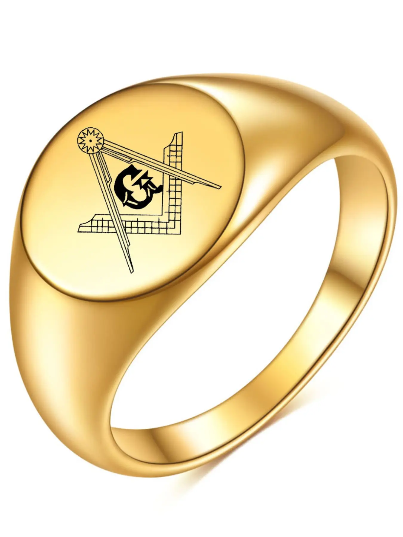 12mm Vintage 18k Gold Laser Freemasonry Logo Ring, Stainless Steel Round Band, Elegant Jewelry for Men and Women, Unique Rings