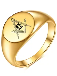 12mm Vintage 18k Gold Laser Freemasonry Logo Ring, Stainless Steel Round Band, Elegant Jewelry for Men and Women