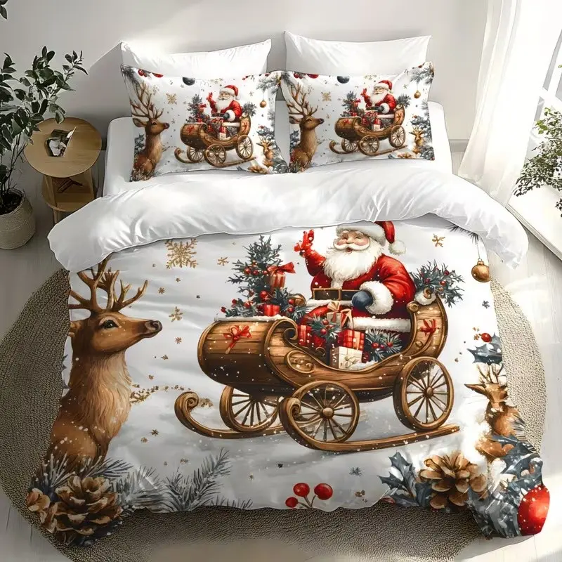 Santa Claus Car Print Bedding Set, 1 Duvet Cover + 2 Pillowcases, High-Definition Printing, Home & Dormitory Bed Linen, 3-Piece Set